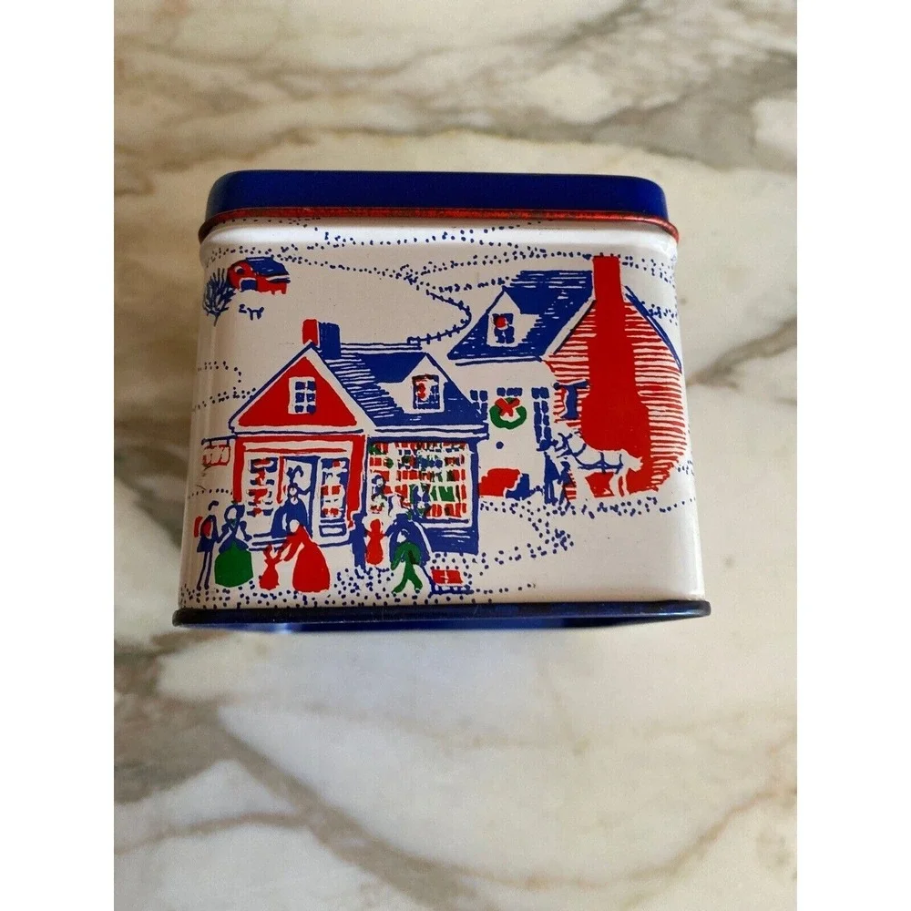 Interpur Coaster Set Blue 1985 Vintage Christmas Village Tin Fabric Coasters